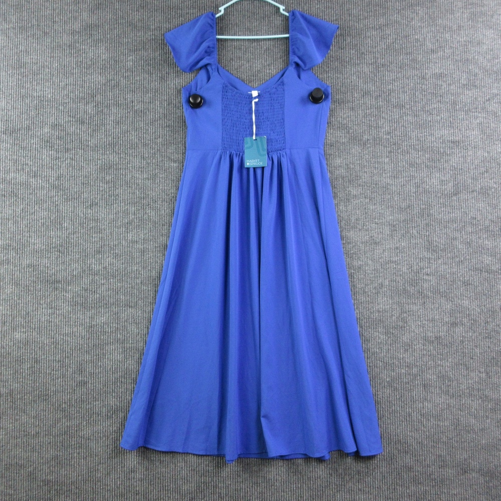 Market & Spruce Dress Womens L Blue Fit & Flare Sundress V-Neck Smocked NWT